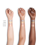 Shiseido Aura Dew swatches on light, medium and dark skin tones