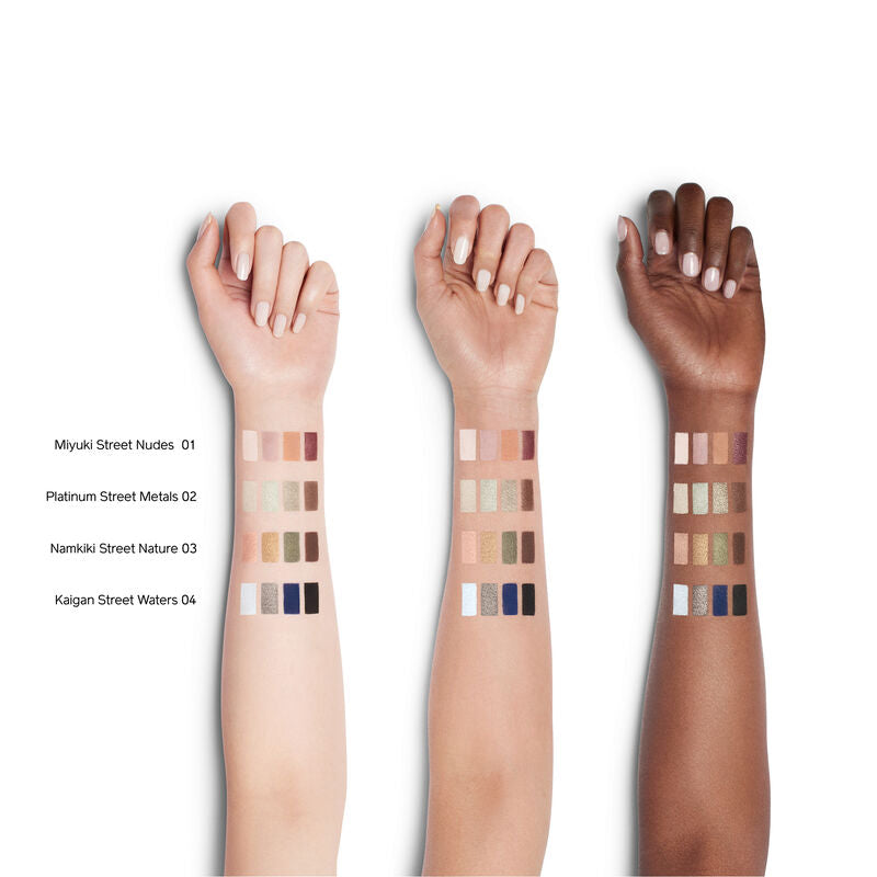 Shiseido Essentialist Eye Palette 01, 02, 03, 04 swatches on light, medium and dark skin tones