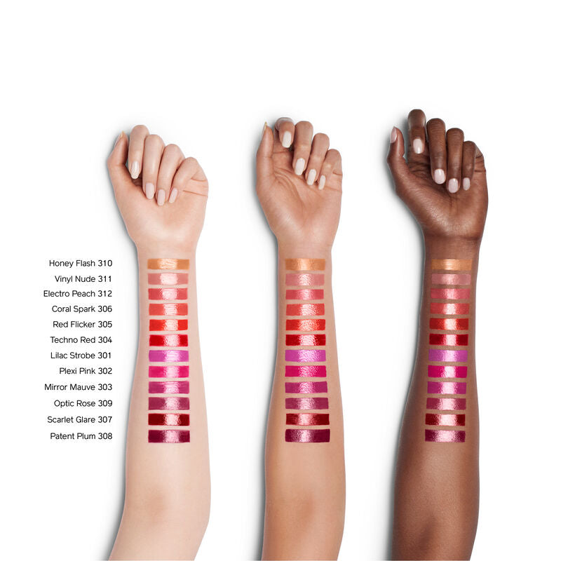 Shiseido LacquerInk LipShine arm swatches on light, medium and dark skin tones