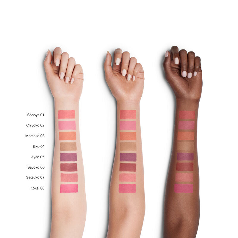 Shiseido Minimalist WhippedPowder Blush arm swatches on light, medium and dark skin tones