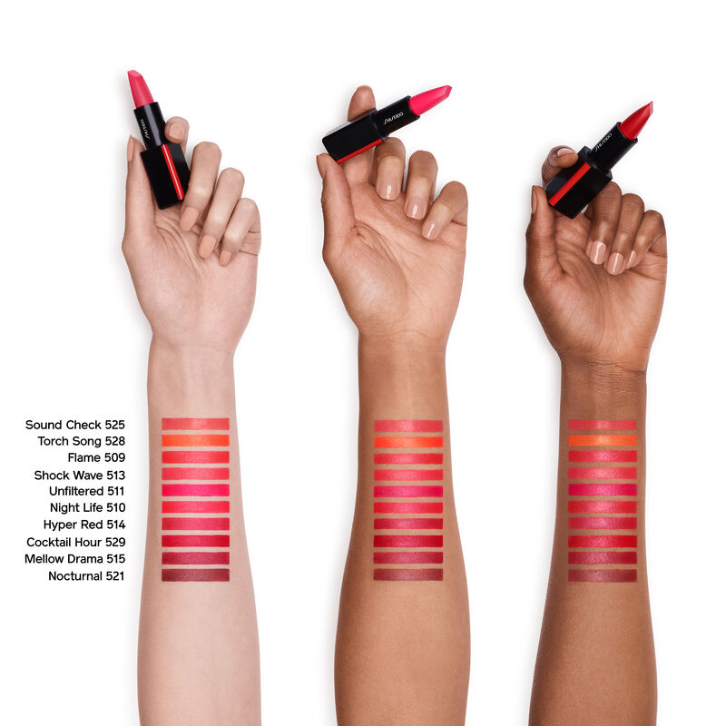Shiseido ModernMatte Powder Lipstick swatches continued on light, medium and dark skin tones