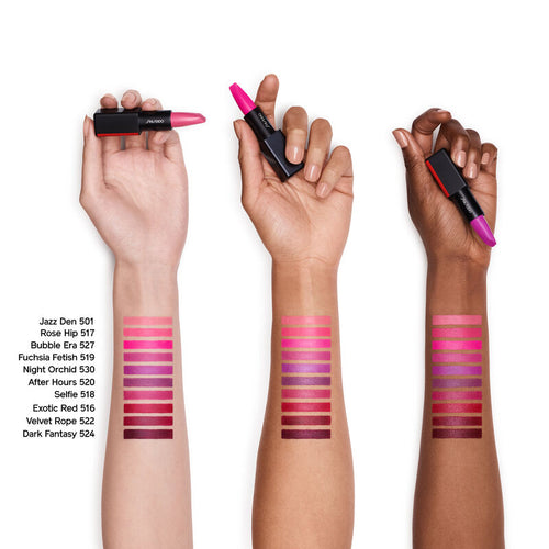 Shiseido ModernMatte Powder Lipstick swatches on light, medium and dark skin tones
